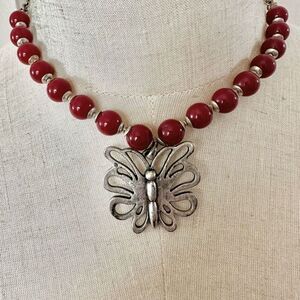 Axcess  silver tone red butterfly pendant necklace